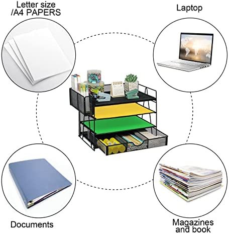 4 Tier Mesh Desk Organizers with Pen Holder, Desk File Organizer with Drawers, Desk Organizers and Accessories, Office Supplies Desktop Storage Paper Organizer Rack for Office Home - Image 5