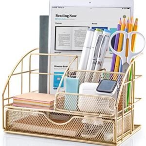 ARCOBIS Gold Desk Organizer for Women, Office Supplies Organization, Desktop Pen Holder Caddy with 5 Compartments + 1 Large Drawer | The Mesh Collection