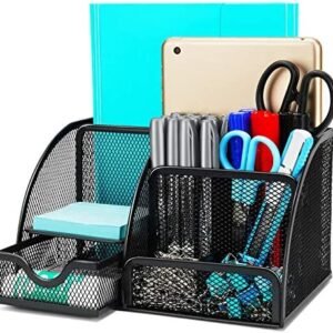 Desk Organizer, Wellerly Office Supplies Desk Organization Accessories Pen Holder Organizers Set Multi-Functional Mesh Storage Caddy with 6 Compartments + 1 Drawer for Office School Home Supply Desk Organizer, Wellerly Office Supplies Desk Organization Accessories Pen Holder Organizers Set Multi-Functional Mesh Storage Caddy with 6 Compartments + 1 Drawer for Office School Home Supply