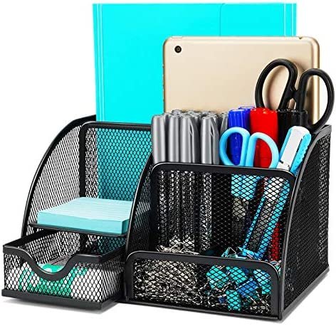 Desk Organizer, Wellerly Office Supplies Desk Organization Accessories Pen Holder Organizers Set Multi-Functional Mesh Storage Caddy with 6 Compartments + 1 Drawer for Office School Home Supply