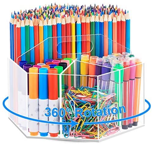 Marbrasse Acrylic Pen Holder, 360-degree Rotating Clear Pen Organizer for Desk, Desktop Stationery Organizer Caddy for Office School Home & Art Supplies (Acrylic Hexagon)