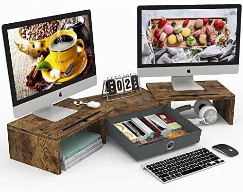 ORLALAR Dual Monitor Stand with Drawer, Computer Monitor Riser with 3 Storage Shelf, Desktop Organizer Office Supplies for PC Monitor Riser, Rustic Brown