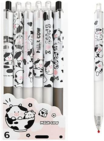 Cute Pens Kawaii 0.5mm Black Ink Gel Pens Fine Point Smooth Writing Ballpoint for Office School Supplies Nice Fun Gifts for Kids Girls Women Pens for Journaling,Pack of 6pcs (Little Milky Cow)