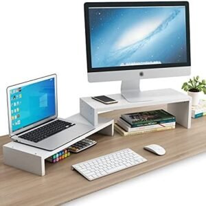 Hodiczk Dual Monitor Stand Riser with Adjustable Length and Angle, Double Monitor Riser, Wood Desktop Storage Rack Organizer for Home Office Living Room, White Hodiczk Dual Monitor Stand Riser with Adjustable Length and Angle, Double Monitor Riser, Wood Desktop Storage Rack Organizer for Home Office Living Room, White