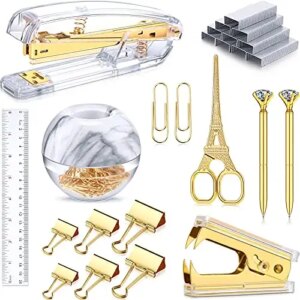 1112 Pieces Desk Accessory, Include Clear Desktop Stapler with 1000 Staples, Staple Remover, Ruler, Scissor, 100 Paper Clips, 2 Diamond Pens and 6 Binder Clips for School Office Supplies (Gold)
