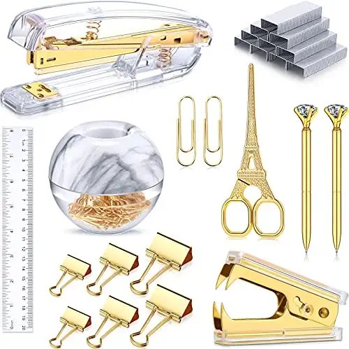 1112 Pieces Desk Accessory, Include Clear Desktop Stapler with 1000 Staples, Staple Remover, Ruler, Scissor, 100 Paper Clips, 2 Diamond Pens and 6 Binder Clips for School Office Supplies (Gold)