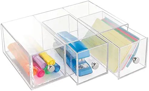 mDesign Home Office, Desk Organizer Storage Station for Storing Gel Pens, Erasers, Tape, Push Pins, Pencils, Markers - Space Saving - Use Vertically or Horizontally - 3 Drawers, 2 Pack - Clear - Image 5