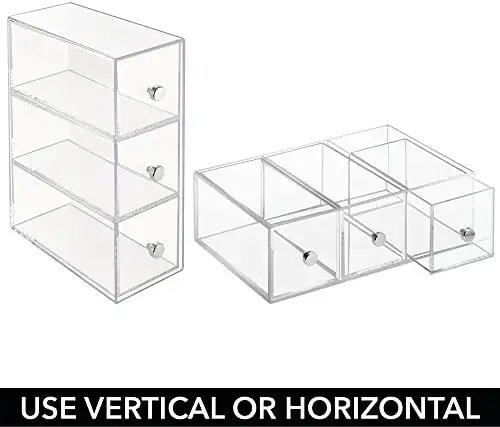 mDesign Home Office, Desk Organizer Storage Station for Storing Gel Pens, Erasers, Tape, Push Pins, Pencils, Markers - Space Saving - Use Vertically or Horizontally - 3 Drawers, 2 Pack - Clear - Image 4