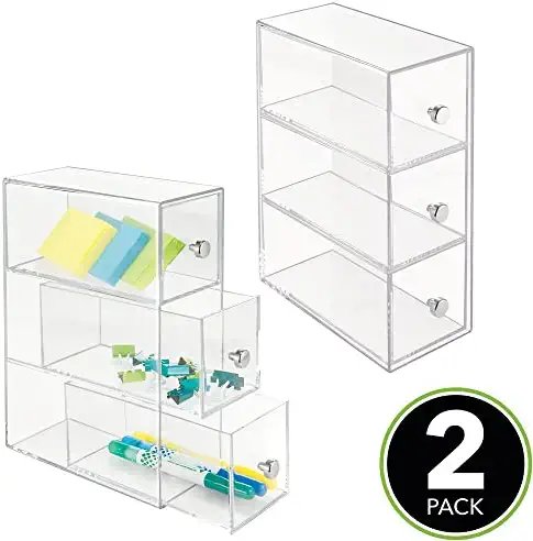 mDesign Home Office, Desk Organizer Storage Station for Storing Gel Pens, Erasers, Tape, Push Pins, Pencils, Markers - Space Saving - Use Vertically or Horizontally - 3 Drawers, 2 Pack - Clear - Image 2