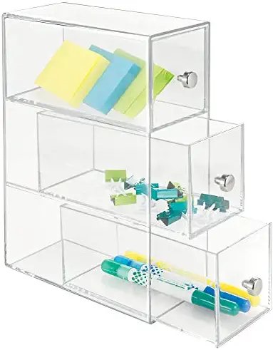 mDesign Home Office, Desk Organizer Storage Station for Storing Gel Pens, Erasers, Tape, Push Pins, Pencils, Markers - Space Saving - Use Vertically or Horizontally - 3 Drawers, 2 Pack - Clear - Image 7
