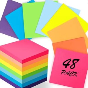 48 Pack Sticky Notes - Post it Notes 3x3 Inch Bright Colors, Super Self-Stick Note Pads for Office Supplies, Home, Notebook, School