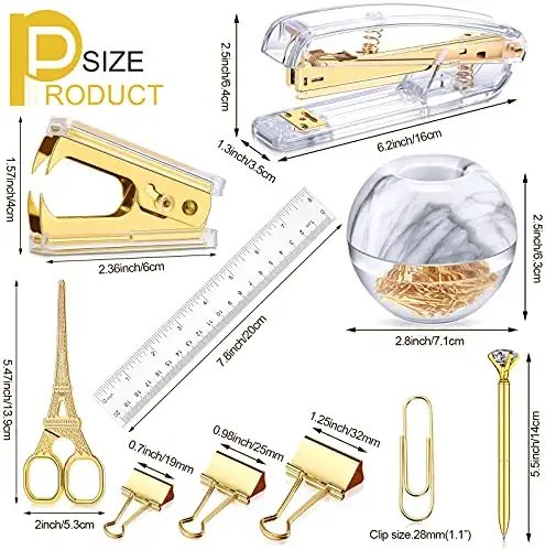 1112 Pieces Desk Accessory, Include Clear Desktop Stapler with 1000 Staples, Staple Remover, Ruler, Scissor, 100 Paper Clips, 2 Diamond Pens and 6 Binder Clips for School Office Supplies (Gold) - Image 2