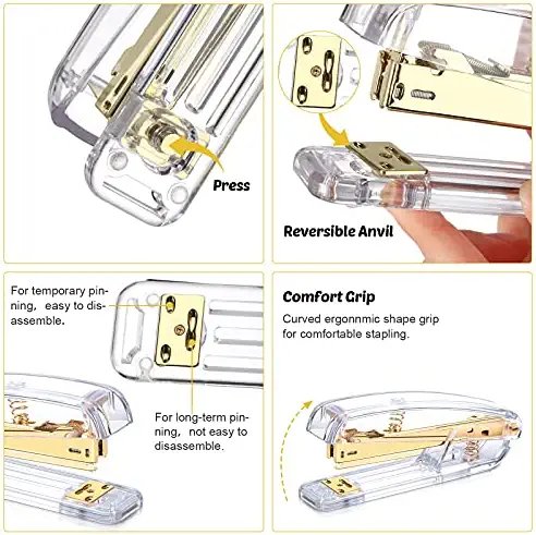 1112 Pieces Desk Accessory, Include Clear Desktop Stapler with 1000 Staples, Staple Remover, Ruler, Scissor, 100 Paper Clips, 2 Diamond Pens and 6 Binder Clips for School Office Supplies (Gold) - Image 4
