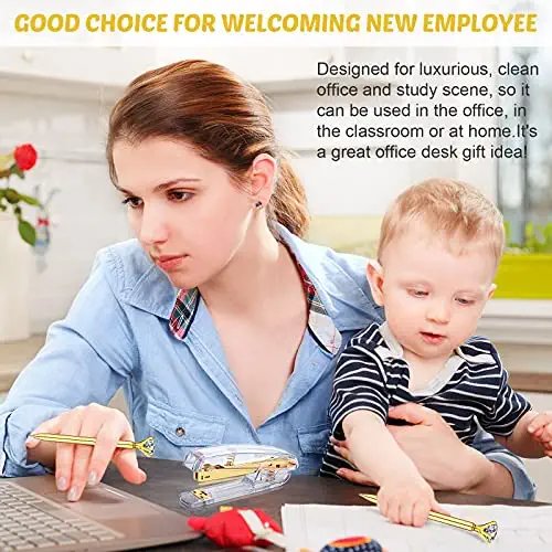 1112 Pieces Desk Accessory, Include Clear Desktop Stapler with 1000 Staples, Staple Remover, Ruler, Scissor, 100 Paper Clips, 2 Diamond Pens and 6 Binder Clips for School Office Supplies (Gold) - Image 7