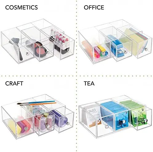 mDesign Home Office, Desk Organizer Storage Station for Storing Gel Pens, Erasers, Tape, Push Pins, Pencils, Markers - Space Saving - Use Vertically or Horizontally - 3 Drawers, 2 Pack - Clear - Image 3