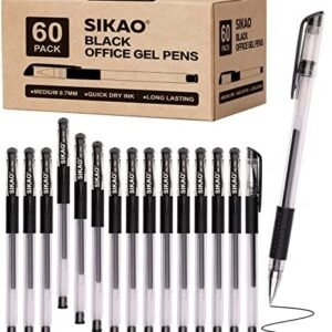 Black Gel Pens 60 Pack SIKAO Classic Stick Gripped Gel Ink Rollerball Pens Bulk Medium Point (0.7mm) for Smooth Writing No Smear No Bleed, School Office Supplies