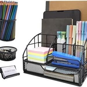 Caicvanlo Desk Organizers Office Supplies Set with 7 Compartments + 3 Accessories Mesh Desk Organizer Caddy with Drawer + Pen Holder,Paper Clip Holder,Business Card Holder for Office,Home,Art,File
