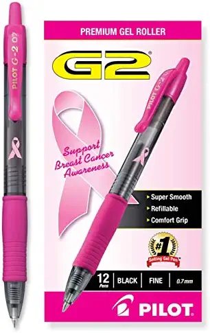 PILOT G2 Premium Pink Ribbon Retractable Gel Roller Ball Pen, Fine Point, Black Ink, 12-Pack (31332), Dozen Box