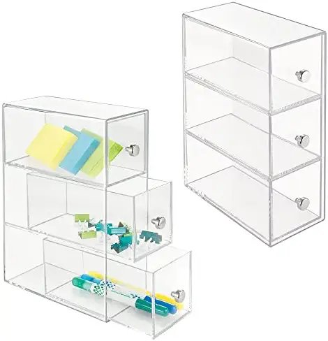mDesign Home Office, Desk Organizer Storage Station for Storing Gel Pens, Erasers, Tape, Push Pins, Pencils, Markers - Space Saving - Use Vertically or Horizontally - 3 Drawers, 2 Pack - Clear