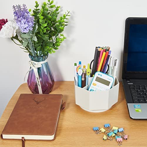 Desk Organizer, 360-Degree Rotating Pen Pencil Holder, 5 Compartments Desktop Stationary Organizer, Home Office Art Supply Storage Box Caddy (WHITE) - Image 3