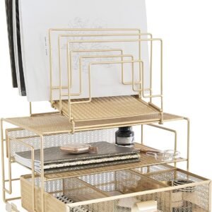 Blu Monaco Workspace Gold Desk Organizer and Accessories Desktop Rack with File sorters and Drawer for Office Supplies, Paper, Device and Folder
