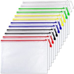 Teskyer 12pcs Mesh Zipper Pouch, A4 Size Document Storage Bags, Zipper Bags for Organizing, Waterproof Zip File Bags for School Office Supplies, Classroom, Puzzles & Games Organizing Storage, 6 Colors