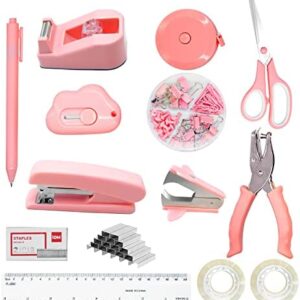 YAJCAJO Pink Office Supplies, 14Pcs Pink Desk Accessories Includes Stapler Remove, Includes Desktop Staple,Stapler Remove,Single Hole Punch,Tape Dispenser,Stainless Steel Scissors