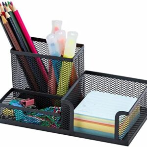 Yunqing Black Mesh Pen Holder - Multipurpose Mesh Desk Organizers Large Capacity Office Supplies with Sticky Notes Holder and 3 Compartments 4 Non-slip Mats Easy Storage Suitable for School, Home
