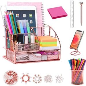yuun Desk Organizers and Accessories 7PS Set, Cute Rose Gold Office Organizer and Supplies for Women Storage with Staple Remover, 72 Clips Set, Pen Holder, Phone Stand, 1 Diamond Pen and Sticky Notes