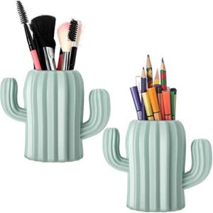 2 Pieces Cactus Pen Holder Cactus Pen Pencil Container Desktop Supplies Pen Cups Cosmetic Makeup Brush Holder for Student Multifunction Storage Box Office (Green)