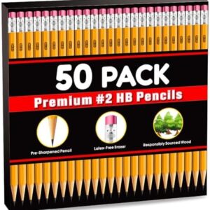 50 Pack #2 Pencils Bulk Pre-sharpened Pencils with Eraser top, 2 HB Pencils for Writhing Drawing, Yellow Wood-Cased Pencils in Bulk for Office, School, Teacher and Classroom Supplies