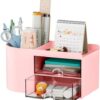 Marbrasse Small Desk Organizer with Drawer, Multi-Functional Pen Pencil Holder Storage Box for Desk, Desk Organizers and Accessories with 4 Compartments + 2 Drawer for Office Art Supplies(Pink)