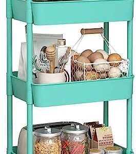 Sywhitta 3-Tier Plastic Rolling Utility Cart with Handle, Multi-Functional Storage Trolley for Office, Living Room, Kitchen, Movable Storage Organizer with Wheels, Green