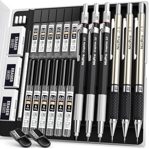 Nicpro 6PCS Art Mechanical Pencil Set, 3PCS Metal Drafting Pencil 0.5 mm & 0.7 mm & 0.9 mm & 3PCS 2mm Graphite Lead Holder (2B HB 2H) For Writing, Sketching Drawing With Lead Refills Case